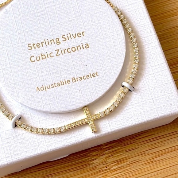 Brand New Sterling Silver Gold Tone Cross Rhinestone Adjustable Bracelet - Picture 4 of 8